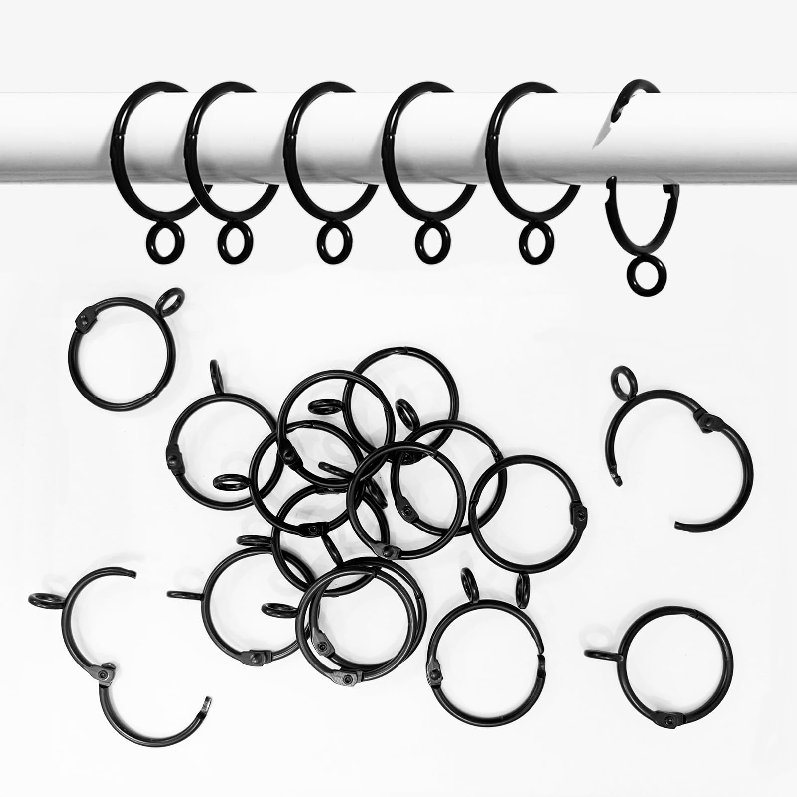 OOTSR 16 PCS Openable Curtain Rings with Eyelet, 1.25" Metal Drapery Hanging Rings for Curtains Rods, Easy to Install (Black)