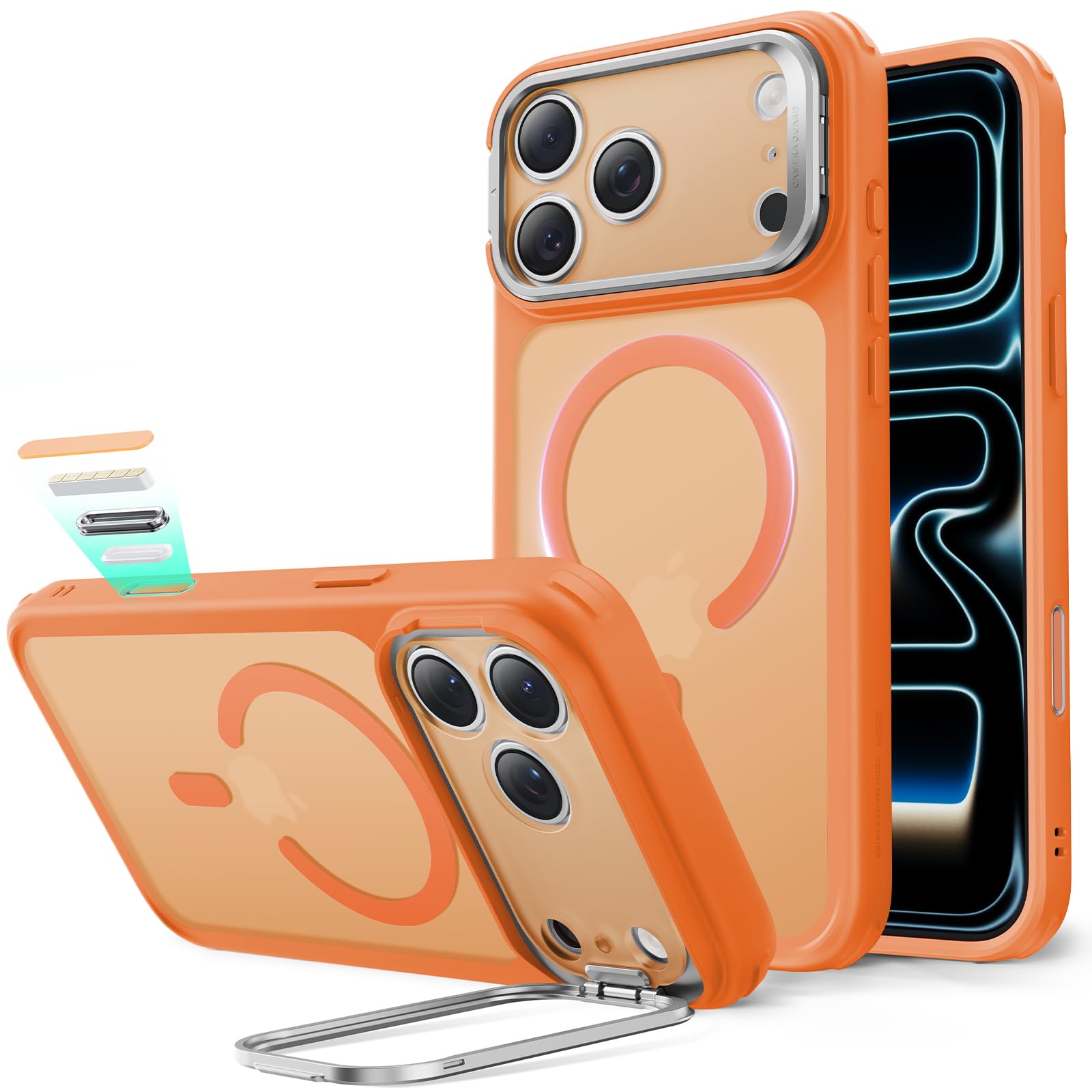 Photo 1 of ESR for iPhone 17 Pro Max Case with Stand, Camera Control Cover Compatible with MagSafe, Military-Grade Drop Protection Magnetic Phone Case, Scratch-Resistant Back Cover,Frosted Orange