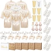 Shyyween 42 Pcs Bridesmaid Bride Robes Set of 6 Bridal Party Silk Satin Robes for Wedding Bachelorette Party Gifts(White, Champagne)