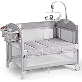 Rinnebbit Baby Bassinets Bedside Sleeper, 4 in 1 Portable Bedside Crib w/Mattress, Diaper Changer, Storage Basket, Music Box, Carry Bag, Foldable Playard Sleeper for Newborn (Light Gray)
