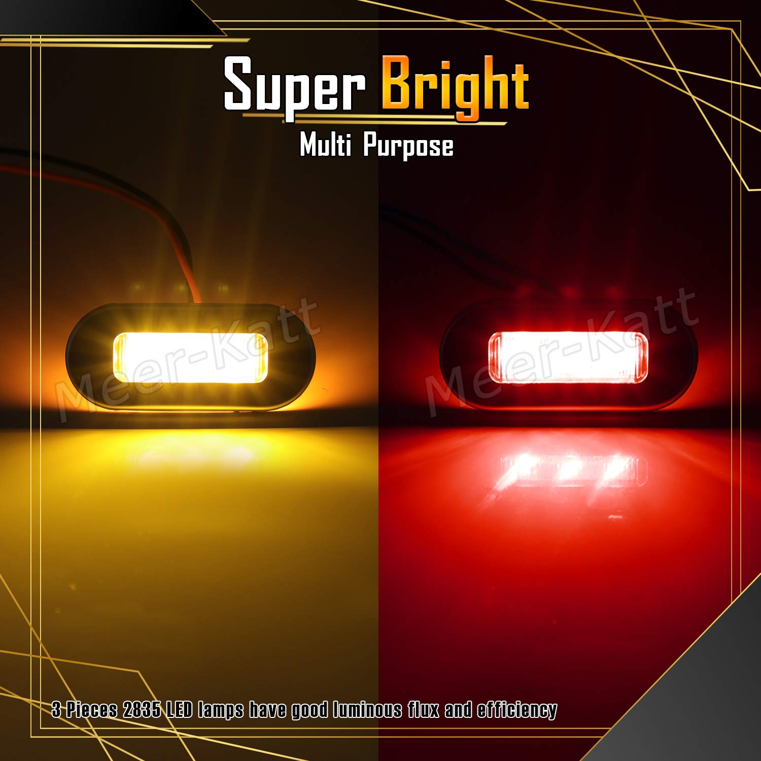 Meerkatt (Pack of 10) 3 Inch Oblong Amber LED Marine Courtesy Light Sealed Flush Mount Clearance Lamp for Yacht Stair Deck Garden Boat RV Cabin Truck Waterproof 12V DC with Chrome Stainless Bezel UV12