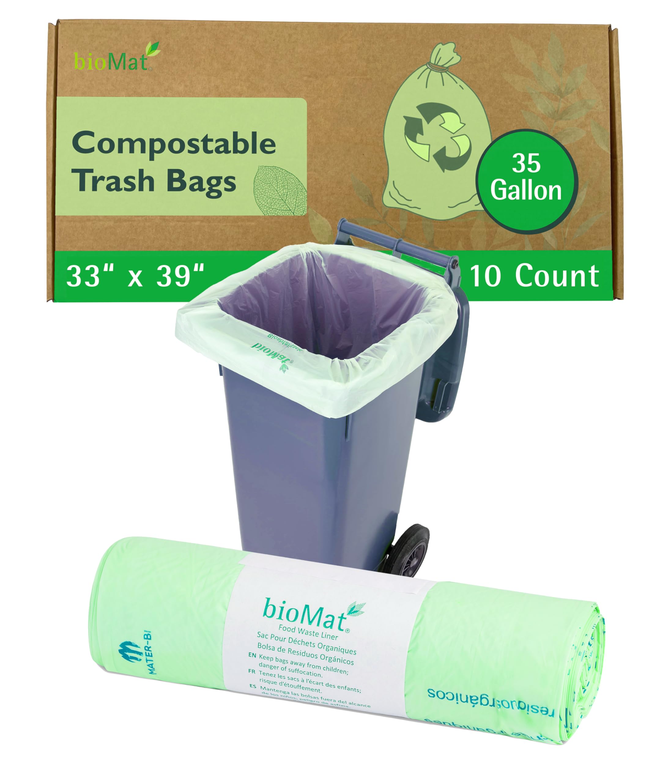 bioMat Compostable 140 Litre Wheelie Bin Liners, 10 Refuse Sacks, EN 13432 Certified Compostable Food Waste Bags, for Organic Waste, Household Waste