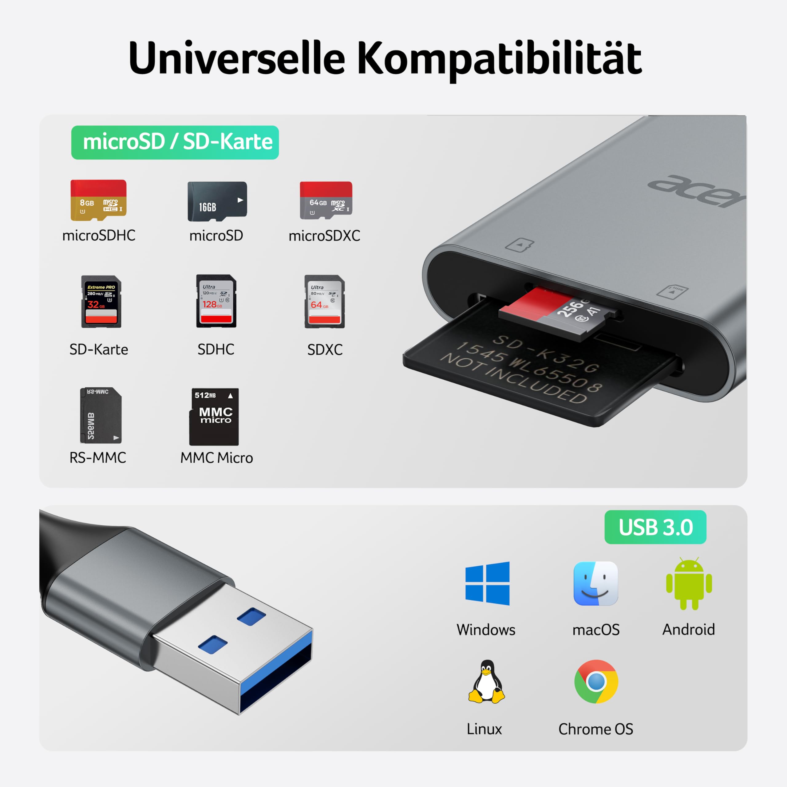 acer USB 3.0 Kartenleser 170MB/s, USB-A SD Micro SD Card Reader Aluminium 7