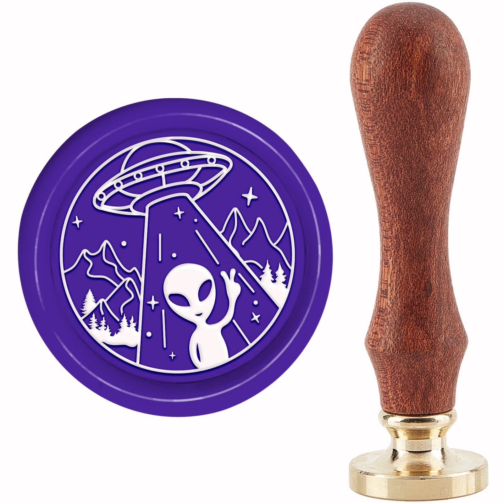 CRASPIRE UFO Wax Seal Stamp Alien Sealing Wax Stamp 30mm/1.18inch Removable Brass Head Sealing Stamp with Wooden Handle for Invitations Cards Gift Wrap Decoration