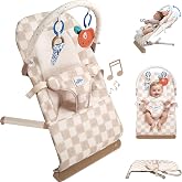 Tiny Marvels Portable Foldable Baby Bouncer with Ergonomic & Music, 0-12M | BPA-Free, 3-Point Safety Harness, Machine Washabl