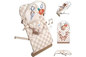 Tiny Marvels Baby Bouncer, 3-Point Harness Baby Bouncer Seat for Newborn Toddler, Portable Baby Rocking Chair with Sensory Toys and Music, Compact & Portable Baby sit up chair (Sand Checks)