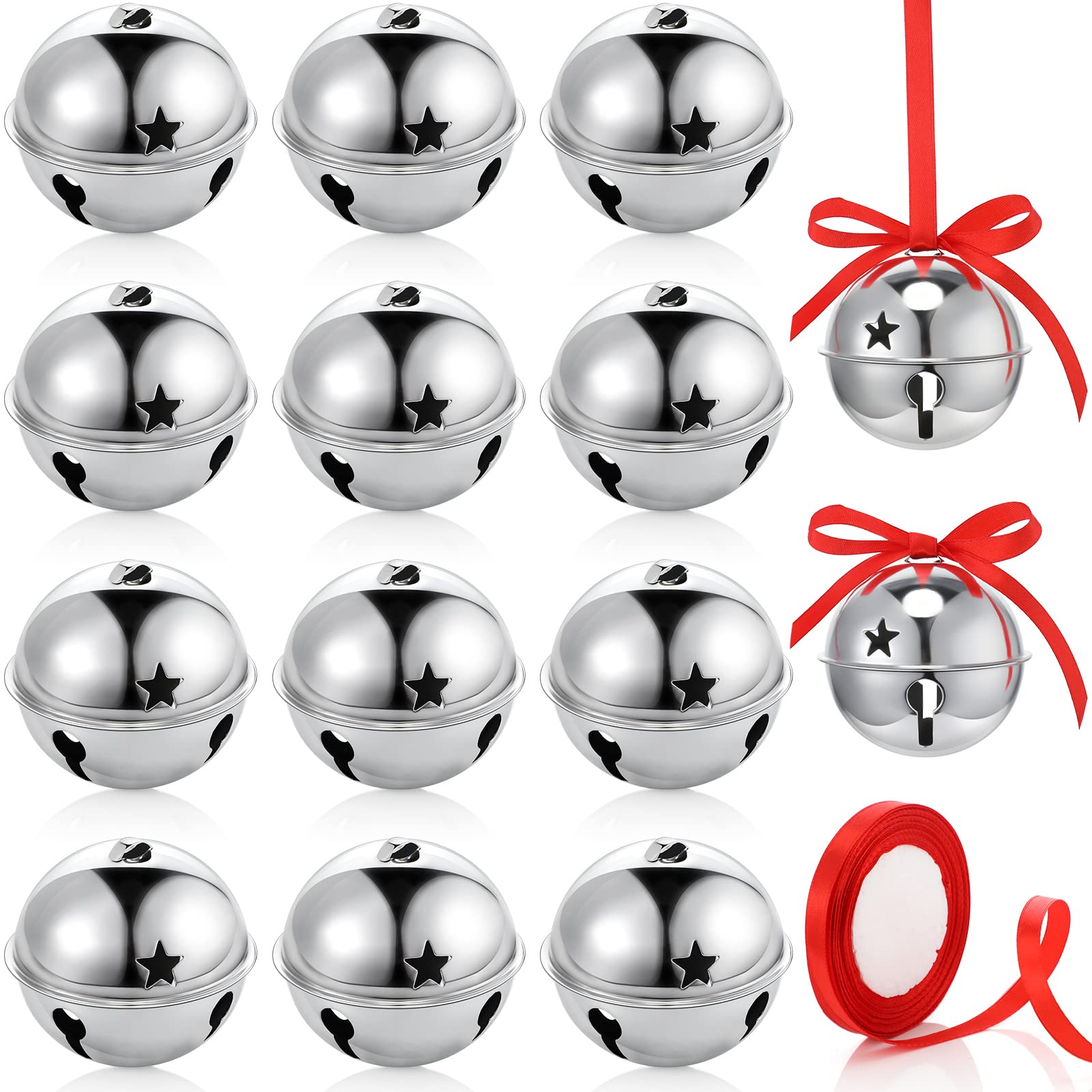 Photo 1 of Roowest 12 Pieces Large Size Silver Christmas Star Bells Ornament 3.15 Inch Sleigh Jumbo Bells Christmas Tree Ornament with Ribbon for Craft Xmas Tree Wreath DIY Outdoor Decoration