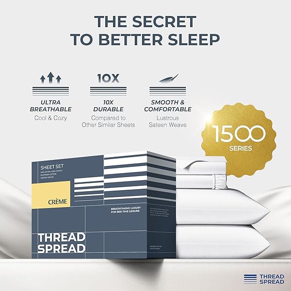 THREAD SPREAD 100% EGYPTIAN COTTON SHEETS CALIFORNIA KING SIZE – 1500 SERIES CAL KING SHEETS EGYPTIAN COTTON (4 PC, WHITE), SILKY SOFT, SATEEN WEAVE, COOLING & BREATHABLE, 17″ DEEP POCKET BED SET