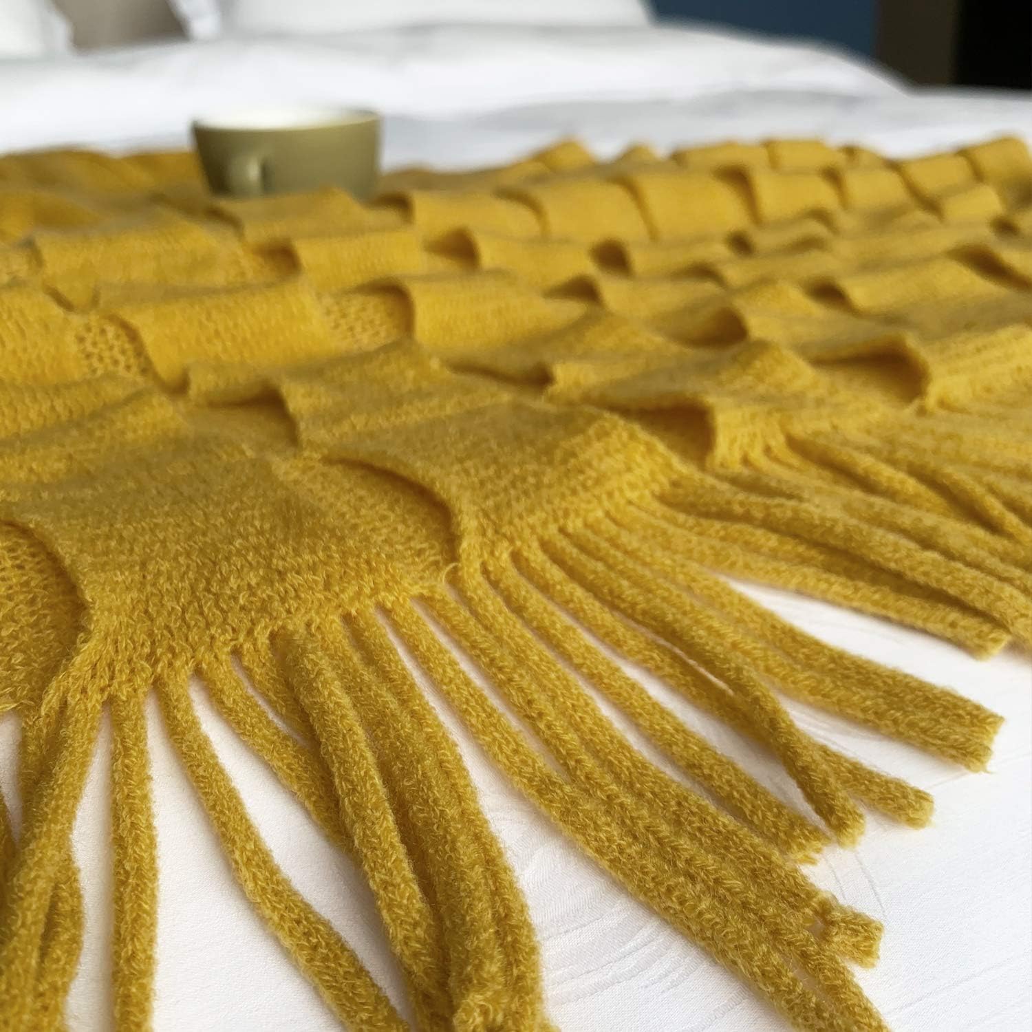 DISSA Knitted Blanket Textured Solid Super Soft Decorative Throw Blanket with Tassels Cozy Plush Lightweight Fluffy Woven Blanket for Bed Sofa Couch Living Bed Room (Mustard Yellow, 60"x80"): Home & Kitchen