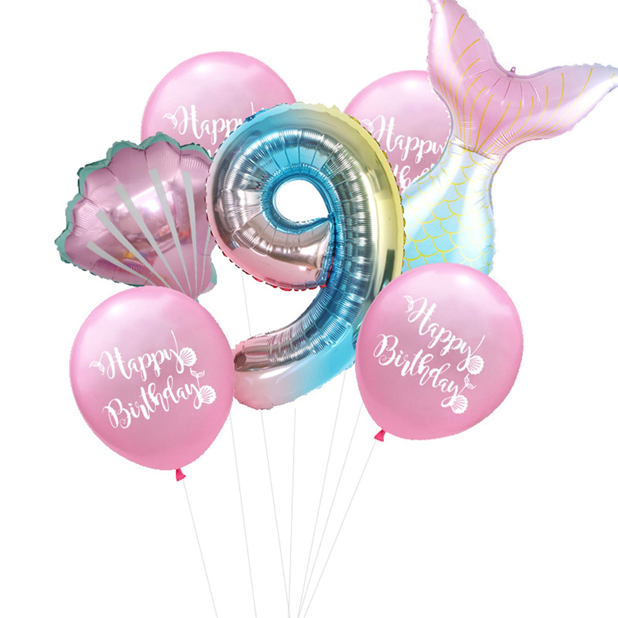 7PCs Mermaid Foil Balloons Set Mermaid Sea Theme Birthday Party Decoration 32 Inch Number Foil Balloon Shell Helium Balloon (Pink-9)