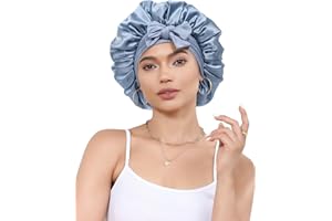 CHLINS Silk Bonnet for Sleeping 100% Mulberry Women Double Layer Sleep Cap with Adjustable Elastic Band Silk Hair Wrap(Mist Blue+Sky Blue)