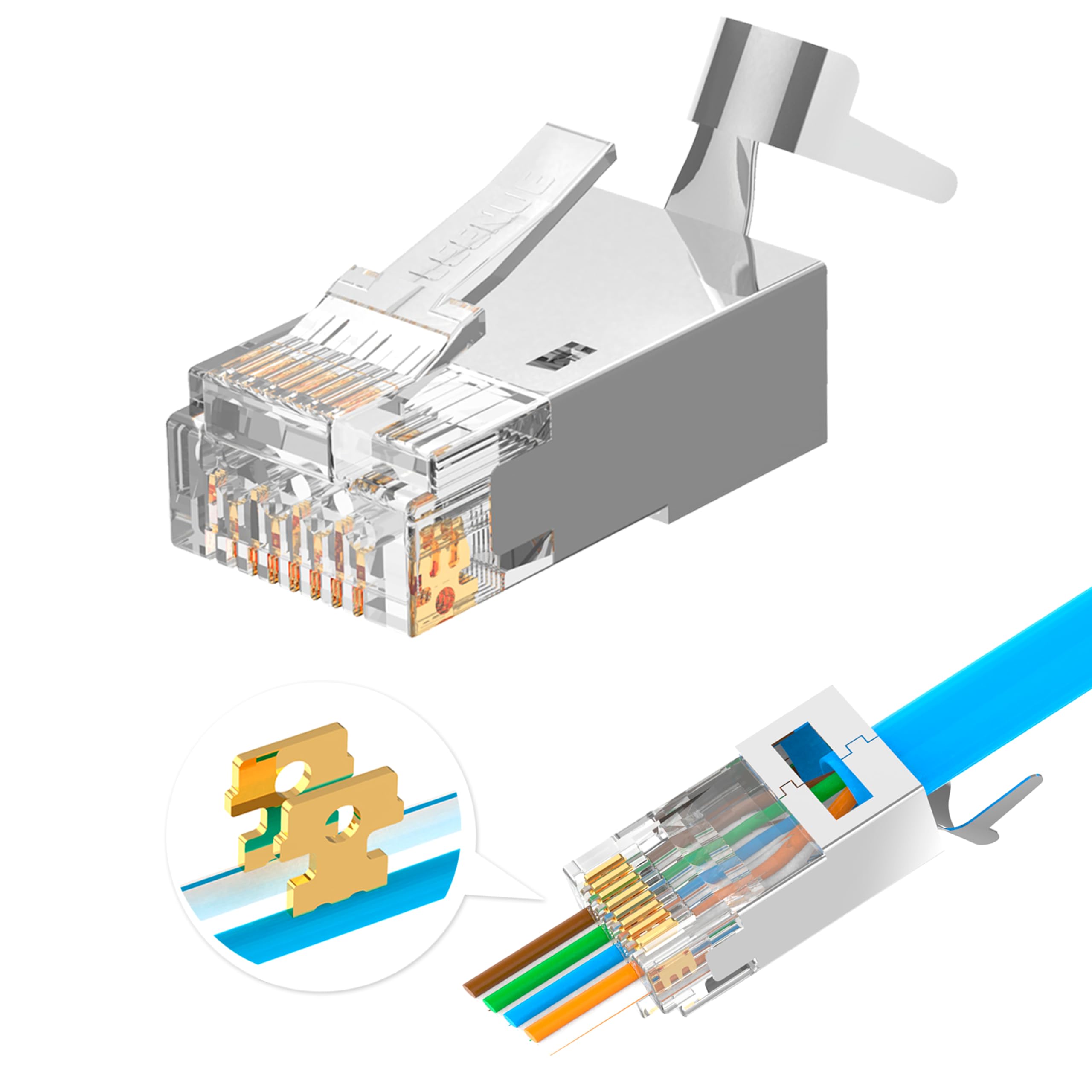 LEENUE 20 Pack RJ45 Connector Pass Through Cat7,Gold-pated CAT6A CAT6 Ethernet Plug, RJ45 Plugs POE for 23-26AWG Solid or Stranded Network Cables,10 Gbit/s 600 MHz, UL-Listed