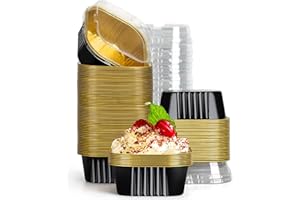 EUSOAR Disposable Ramekins with Lids, 10oz 100pcs Black Gold Aluminum Foil Baking Cups Tins Liners for Pie Quiche Soufflé Cre