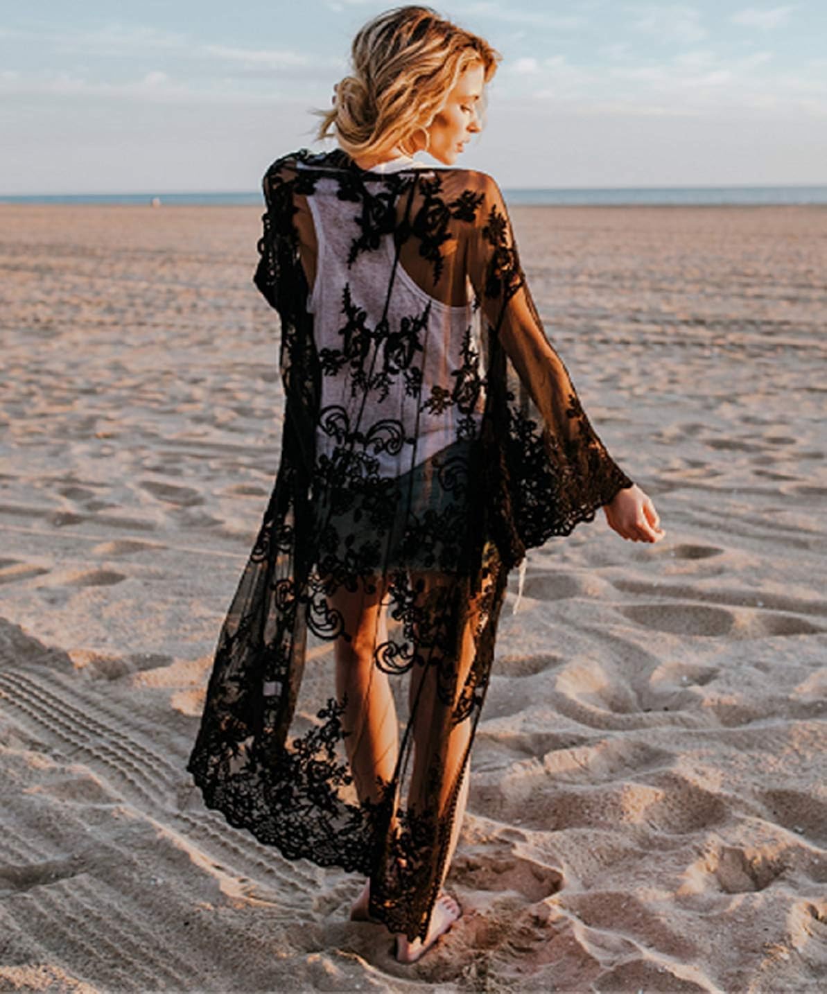 Women’s Bathing Suit Kimono Beach Cover Up Lace Crochet Pool Swimwear (Black) at  Women’s Clothing store