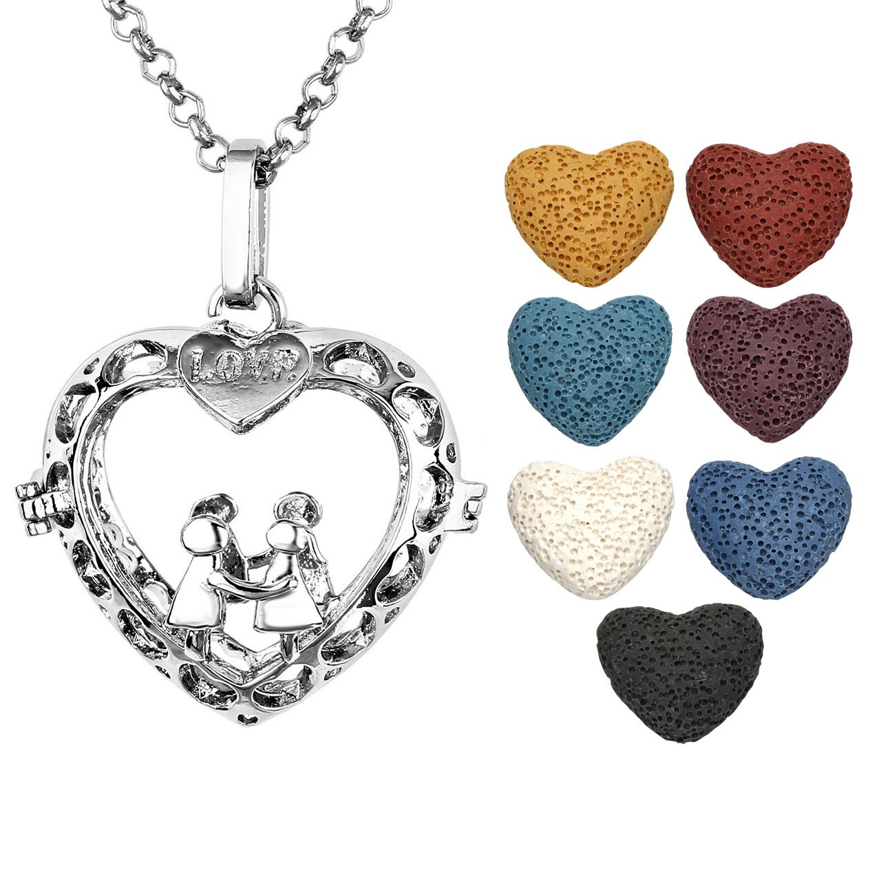 JOVIVI Aromatherapie Schmuck Herz-Anhänger Ätherische Öle Parfum Diffusor Kette Love Liebespaar Medaillon Locket Käfig Anhänger mit 7 Lavasteine