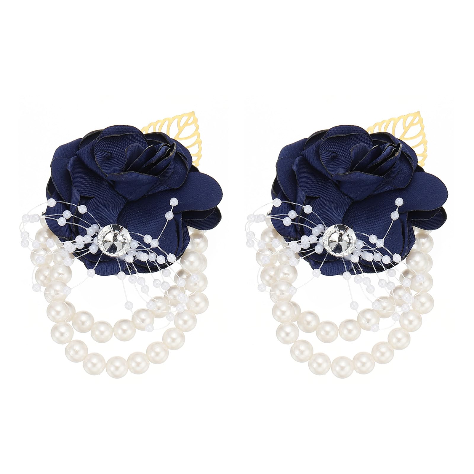 PATIKIL Rose Bridesmaid Wrist Flower, 2 Pack Artificial Rose Flower Wrist Corsage Bride Wrist Corsage for Wedding Party Ceremony, Navy Blue