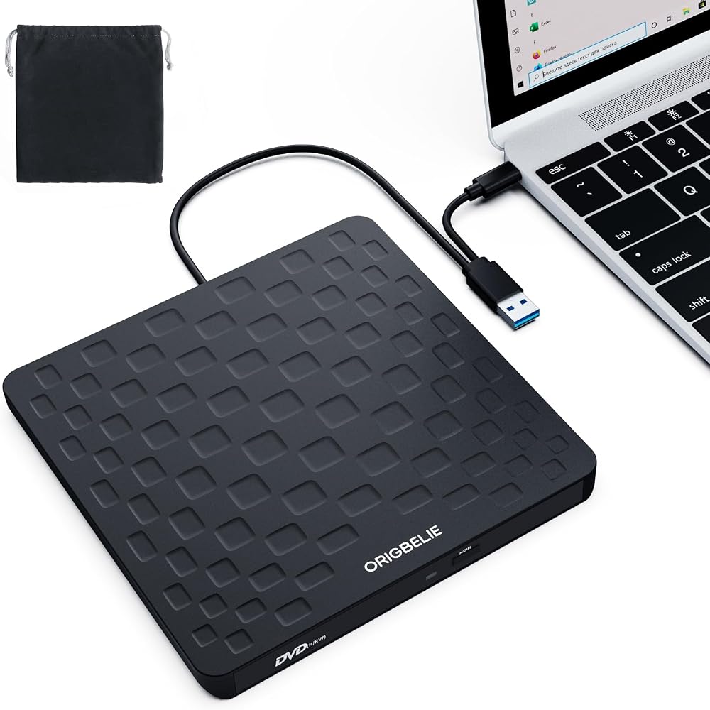 ORIGBELIE External CD/DVD Drive USB 3.0 Type-C Ultra Slim 13mm Black