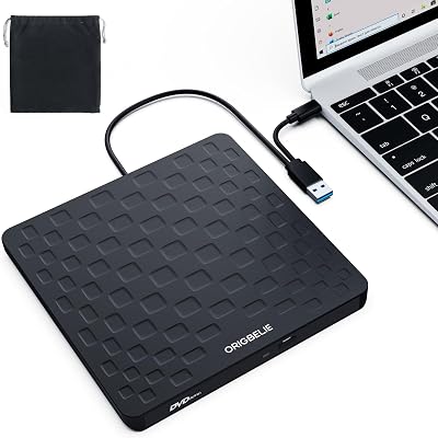 ORIGBELIE External CD/DVD Drive USB 3.0 Type-C Ultra Slim 13mm Black
