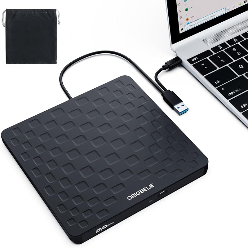 ORIGBELIE External CD/DVD Drive USB 3.0 Type-C Ultra Slim 13mm Black