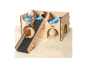 SoulThink® Upgraded Large Guinea Pig Toys Hideout - Easy to Assemble Wooden Guinea Pigs Castle with Ramp and Sky Blue Bed Cushion Decorative Guinea Pig Furniture for Play Area and Cage