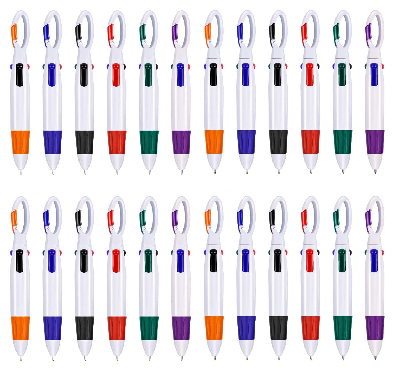 KAHEIGN 24Pcs Shuttle Pens, 4-in-1 Multicolor Pens Retractable Ballpoint Pens with Buckle Keychain on Top for Office School Supplies Students Children (6 Colors)