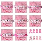 ZKRYHB 32PCS Breast Cancer Awareness Accessories Set Pink Handmade Adjustable Ribbon Bracelets Pins Cards