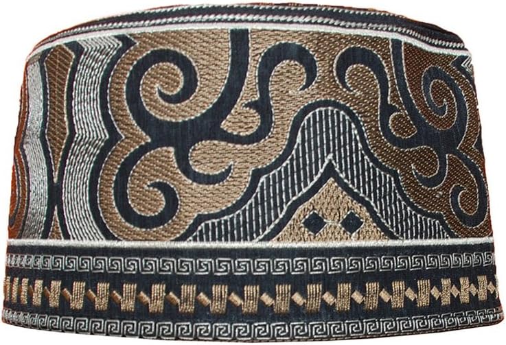 Omani Style Arab Kufi Hat Black Base w/Silver Brown Cloud Embroidery Islamic