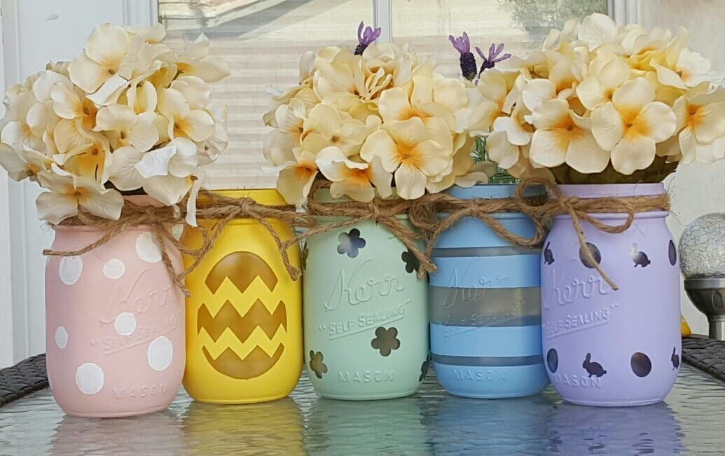 Pastel Easter Eggs Pint Mason Jars Pink and White Polka Dots, Yellow Egg, Green Flowers, Blue Striped and Purple Egg and Bunny