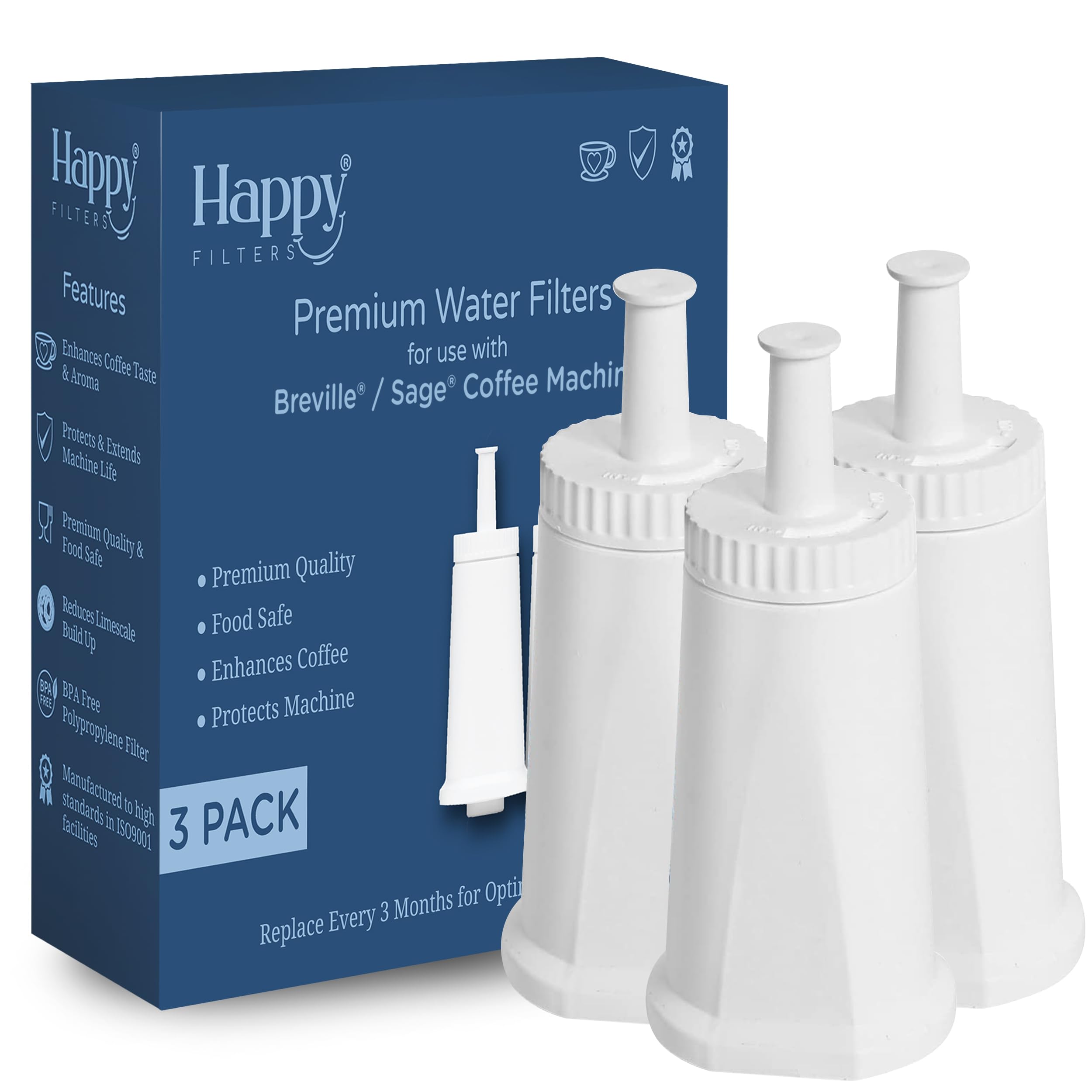 3 x Water Filters for UK Sage Coffee Machines | Happy Filters | Barista, Oracle, Dual Boiler, Bambino, Duo-Temp, Touch, Impress, Jet | Compatible with Select SES/BES Models