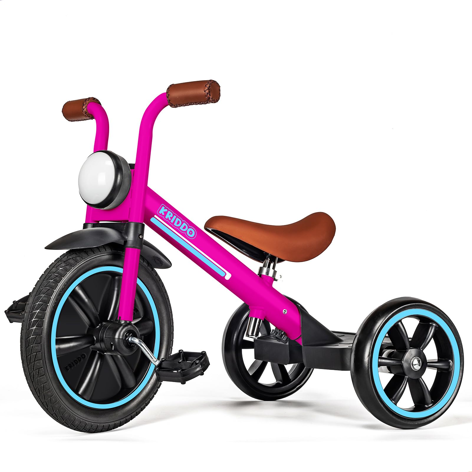 KRIDDO Kids Tricycles Age 2 Years to 5 Years, 12 Inch Puncture Free Rubber Wheel w Front Light, Adjustable Seat Height, Gift Toddler Tricycles for 2-5 Year Olds, Trikes for Toddlers, Pink