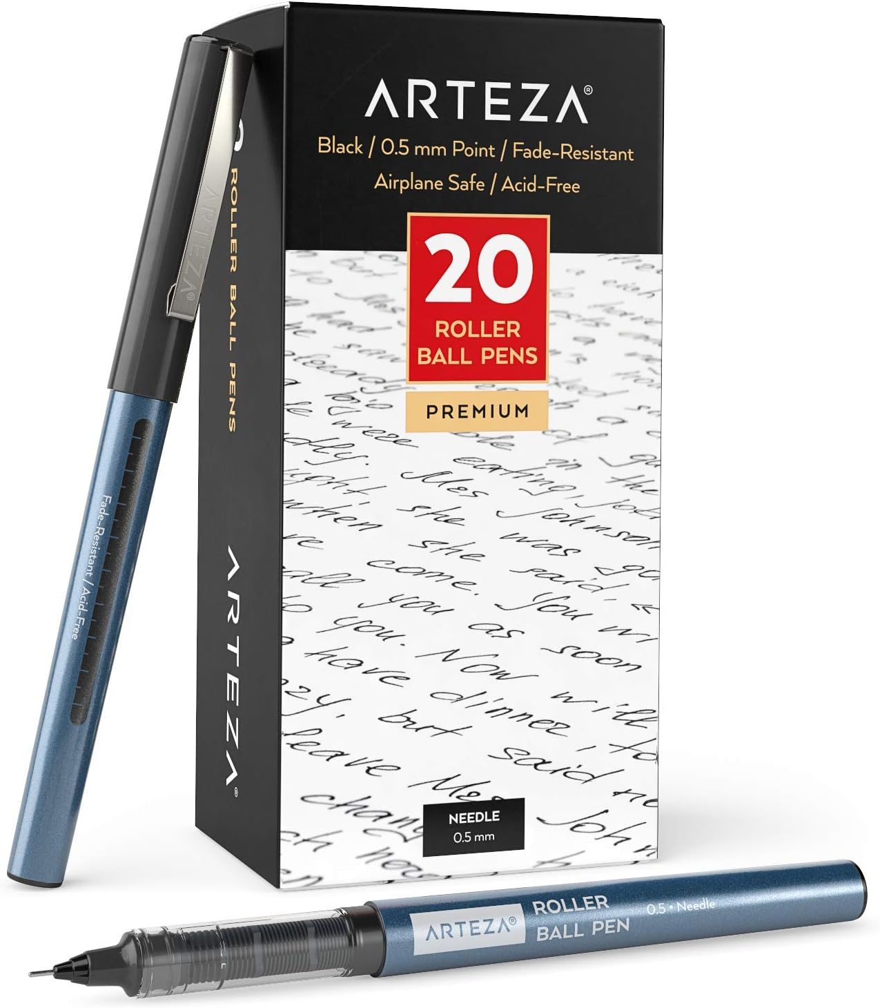 Arteza Rollerball Pens Fine Point, Set of 20 Black Liquid Ink, Extra Fine 0.5 mm Needle Tip Pen, Make Precise Lines for Writing, Notetaking, and Drawing