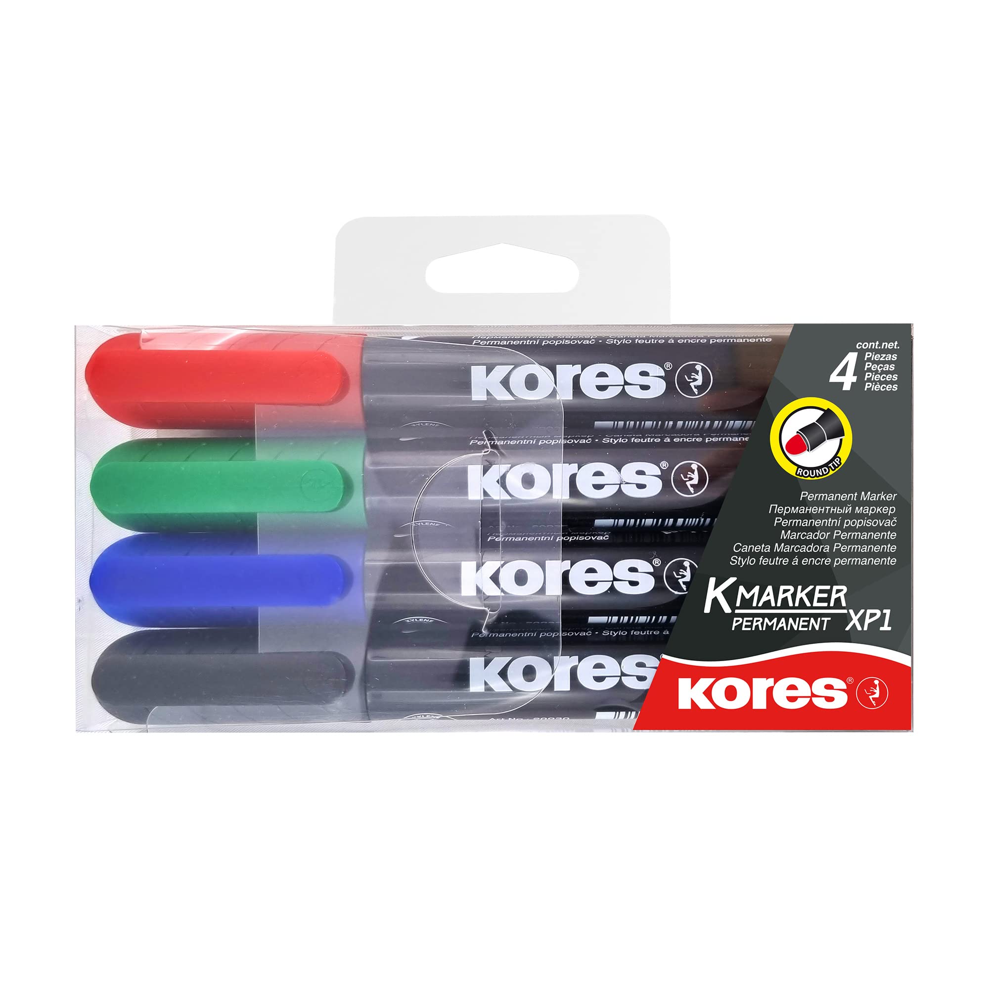 Kores - Coloured Permanent Marker Pens - K-Marker XP1, Round Tip with Low-Odour Ink - Waterproof Marker Pens for All Surfaces - School Supplies, Office Supplies - Pack of 4 in Assorted Colours