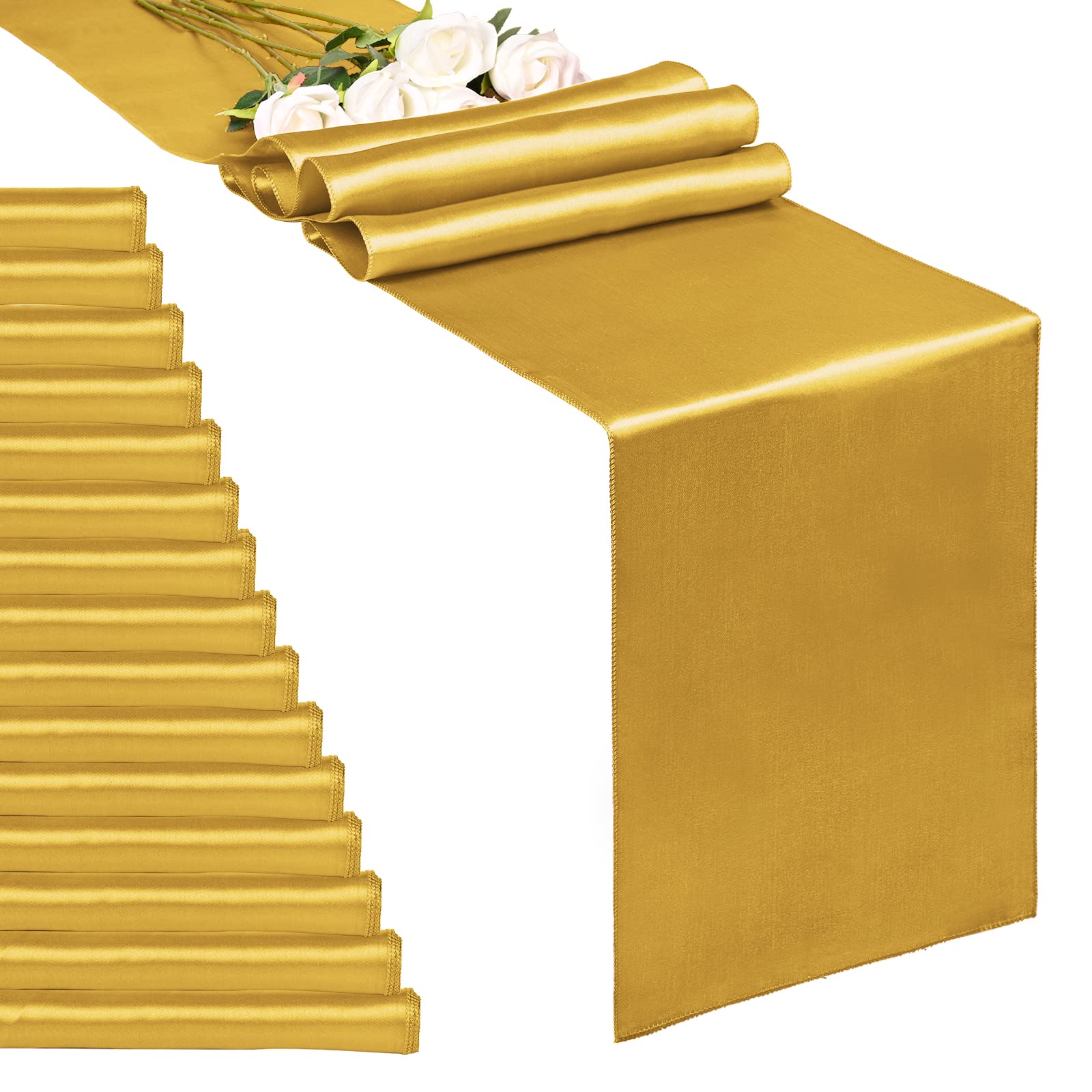 Photo 1 of 15-Pack Gold 12 x 108 inches Long Premium Satin Table Runner for Wedding, Decorations for Birthday Parties, Banquets, Graduations, Engagements, Table Runners fit Rectange and Round Table