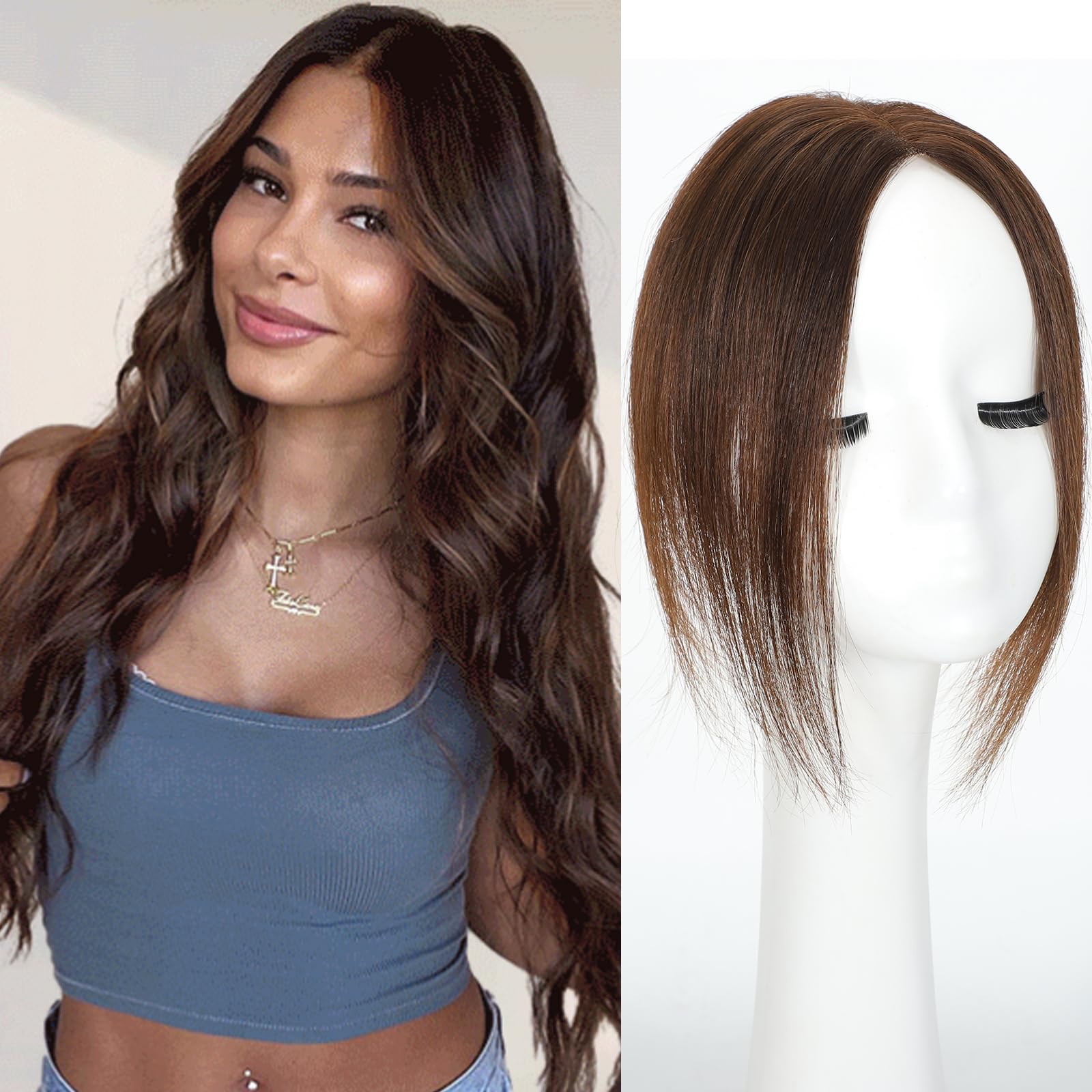 Photo 1 of Paraglame 12 Inch Real Human Hair Topper 100% Human Remy Toppers for Women with Thinning Hair Clip In No Bangs 360° 3D Cover(12inch, Brown)