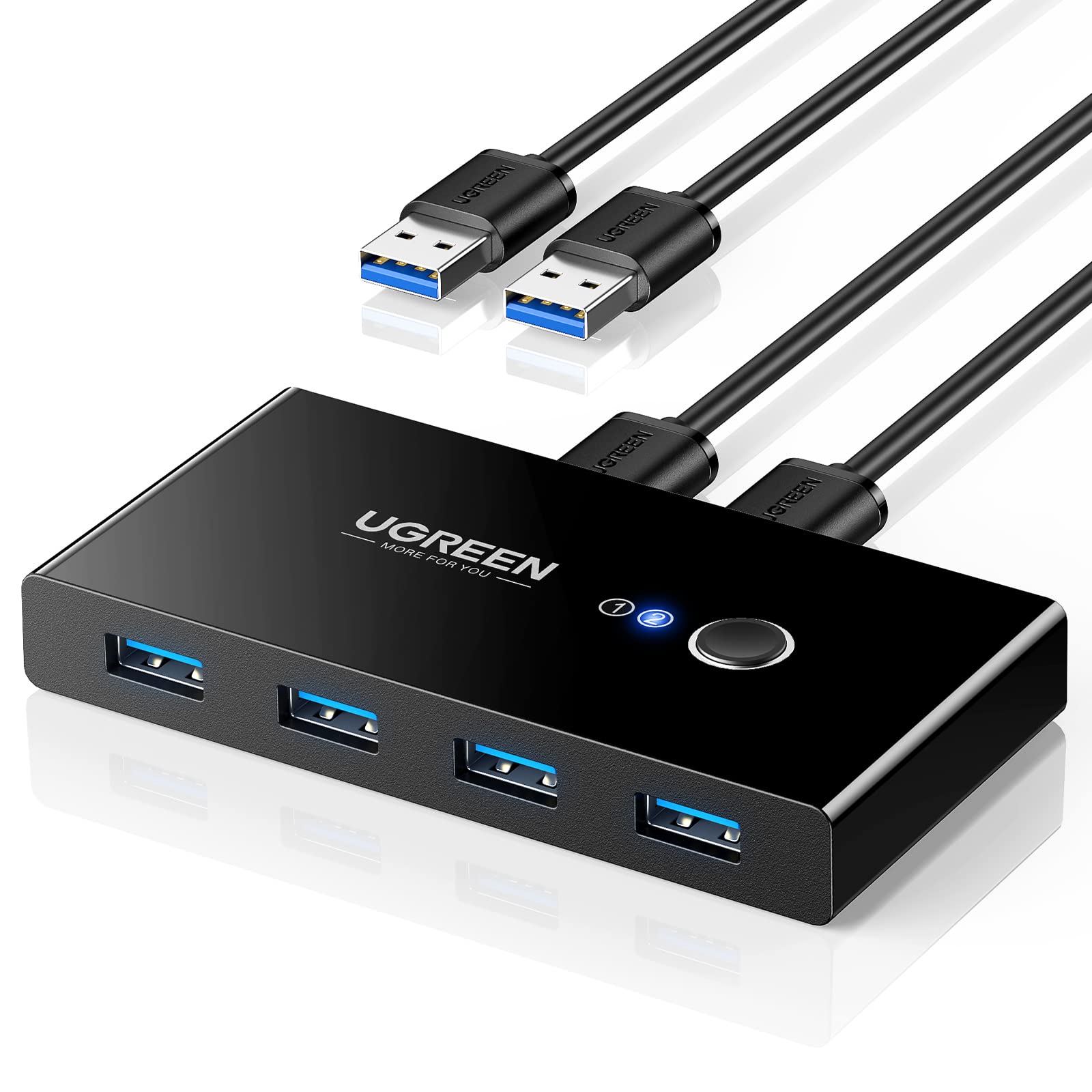 UGREEN Selector de interruptor USB 3.0 2 computadoras comparten 4 puertos USB Conmutador USB USB para PC Computadora portátil Teclado Ratón Impresora Escáner Adaptador de interruptor de un botón con 2 paquetes de cables USB 3.0