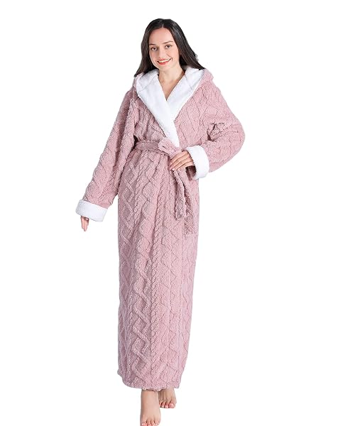 SKILYDIA LONG ROBES FOR WOMEN WITH HOOD,WOMENS PLUSH SOFT WARM ROBES/BATHROBES FOR WINTER (PINK, LARGE)…