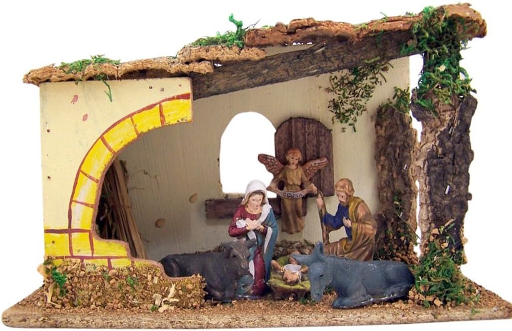 The Holy Family in Wooden Manager Nativity Scene Creche, 6 1/2 Inch