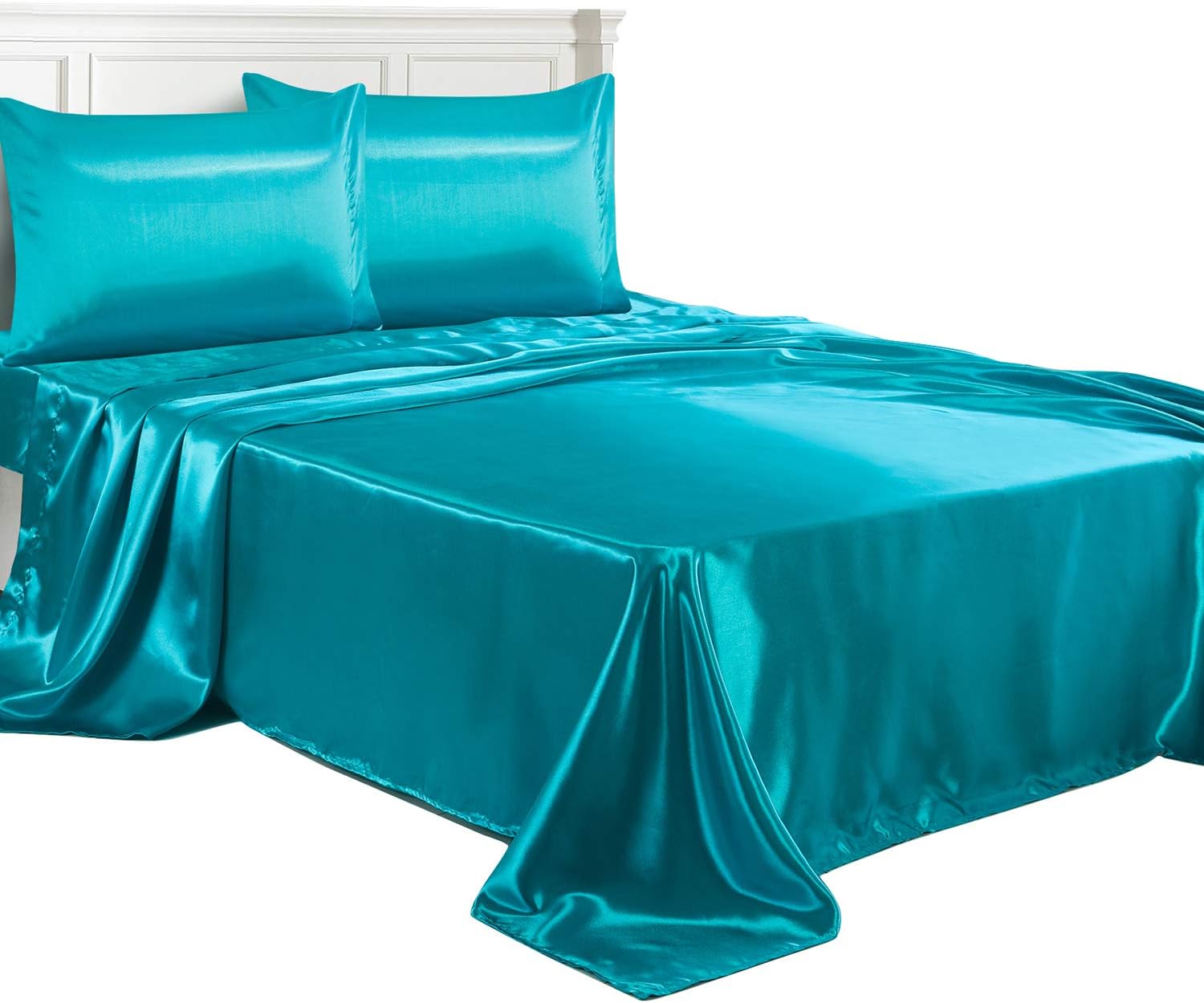 LITHER King Size Satin Sheets Set Teal, Deep Pockets Fitted Sheet, Sliky and Breathable Luxury Bed Sets