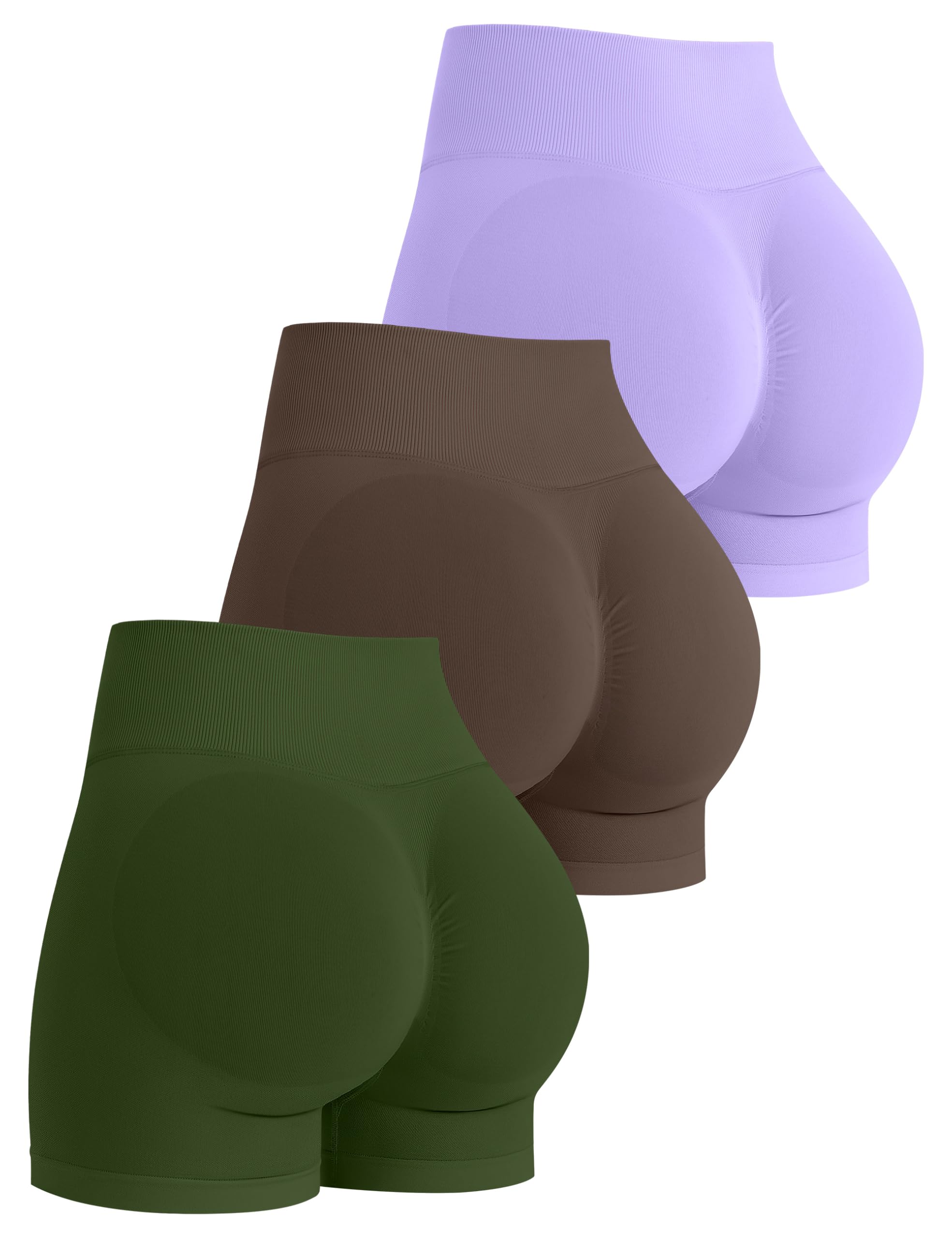 Photo 1 of OLCHEE Womens Workout Gym Shorts Seamless Scrunch Butt Lifting 3 Pack Yoga Athletic Mid-Rise Sculpt Tummy Control Booty 4.5" - Lavender Brown Olive, Medium