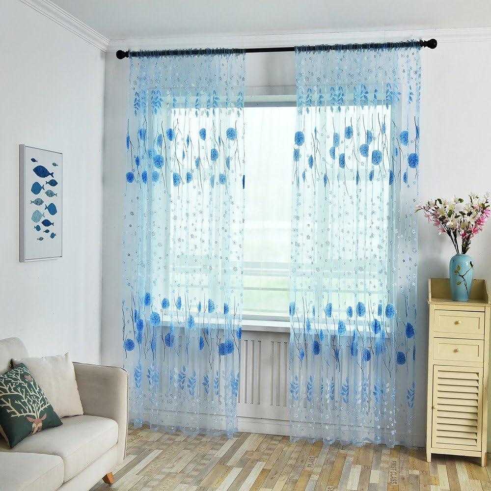 About1988 Leaves Printed Semi Transparent Voile Curtains Classical Embroidery Voile Curtains Ultra Sheer Curtains Eyelet Curtains (blue)