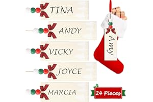 ZZHXKJHKY 24 Pieces Christmas Stocking Name Tags, DIY Wooden Christmas Decorations Hanging Tags, Xmas Brown Rectangle Hanging Name Tags with Matched Bead for Holiday Christmas Stocking Ornaments(Light Brown)