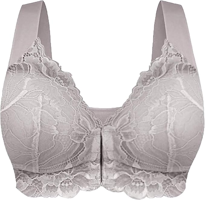 Lace Front Closure Zip Bra,Plus Size Solid Color Front Closure Elastic