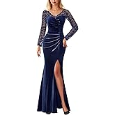MISSMAY Women's Elegant Velvet V Neck Ruched Split Evening Long Dress