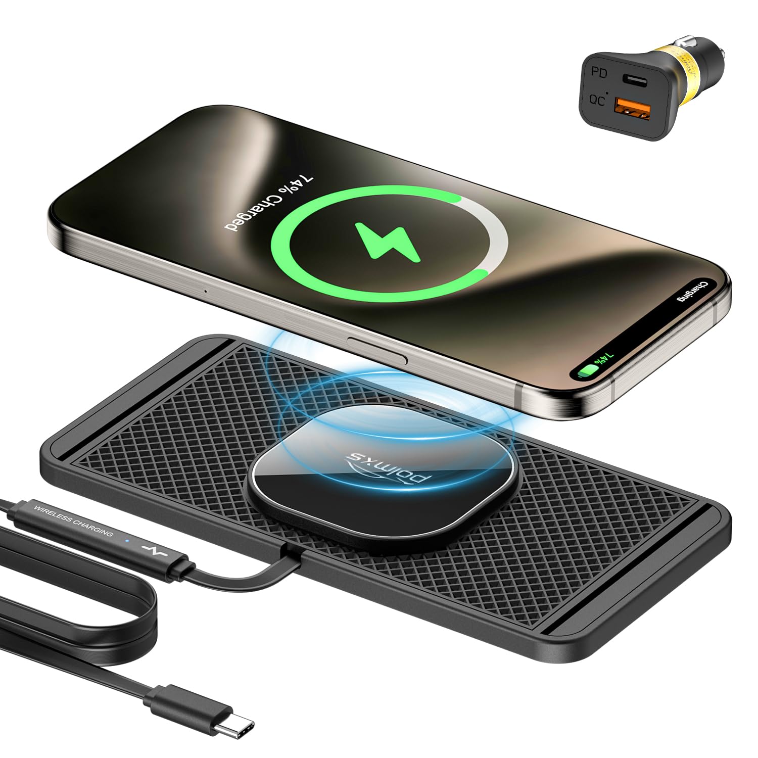 Polmxs Magnetic Wireless Car Charger, 15W Wireless Charging Pad for Magsafe Car Charger USB C Non Slip Car Phone Charging Mat for iPhone 17/16/15/14/13/12, Airpods (1 Meter Cable)