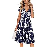 OUGES Casual Summer Dress for Women Wrap V Neck A Line Midi Dresses with Pockets