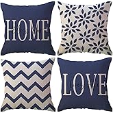 Bless Our Home Throw Pillow Covers 18x18 Double-sided Printed Farmhouse Geometric Dahlia Floral Pillowcases Modern Decorative Cushion Covers 4Pack for Porch Couch Sofa Decor (Blue)