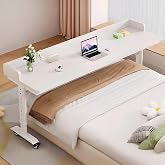Quvex Over Bed Table with Wheels for Small Single Beds, Height Adjustable | 26.7"-40.6" Height Range, 23.6" Wide Desktop, Raised Edge, Solid Wood Core, Locking Casters, Dual Monitors, Crafts, Dining