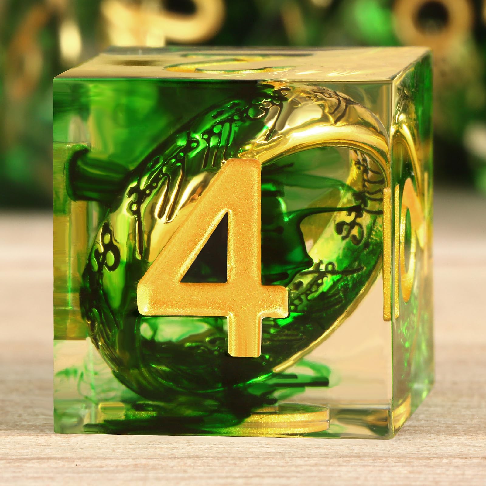 DNDND Sharp Edge DND Dice Set 7-Piece with Golden Magic Ring Inside – Unique Swirl Resin RPG Dice for Dungeons & Dragons, D&D, Tabletop Game – Collector's Gift Case (Green with Ring)