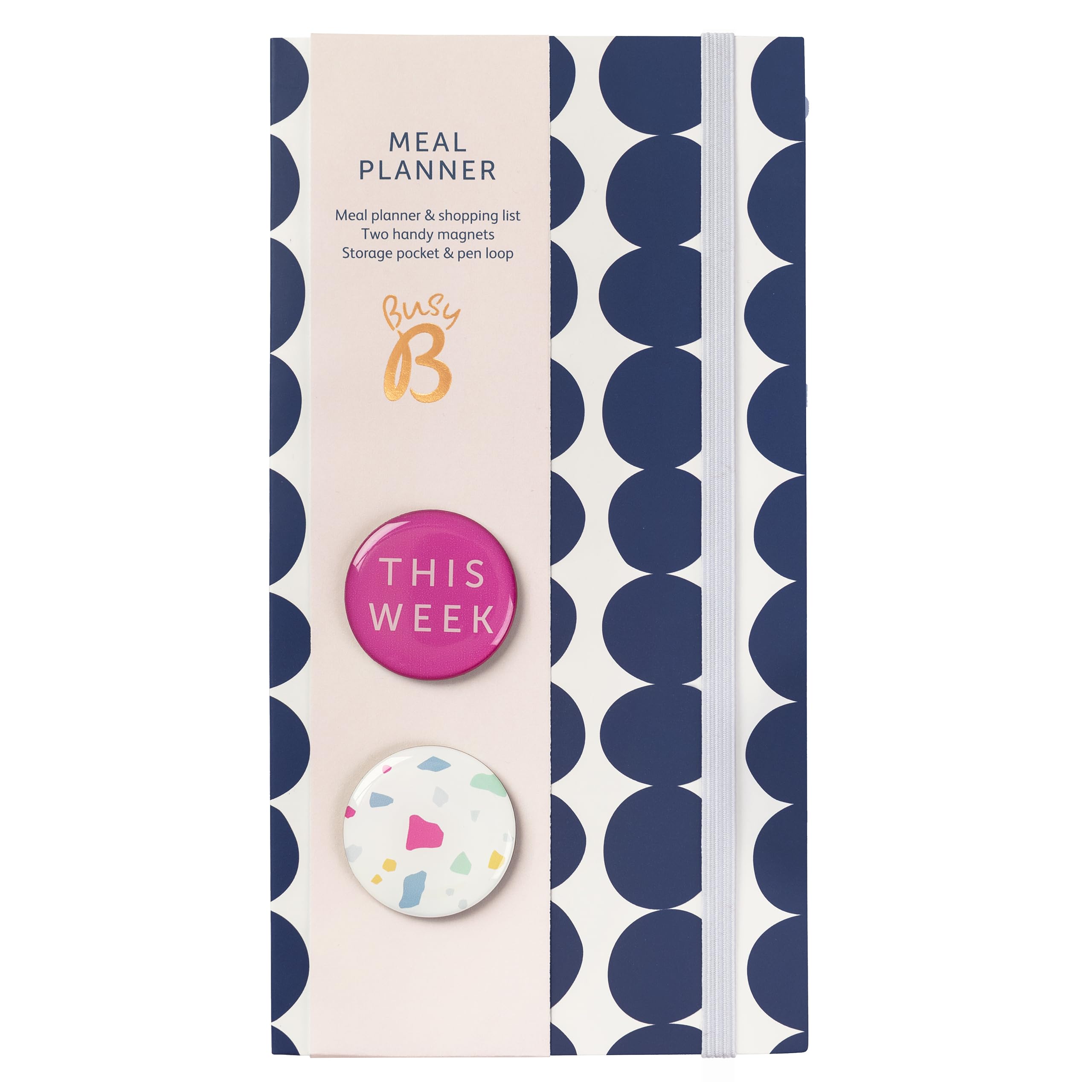 Busy B Navy Spot Meal Planner - Weekly Tear-Off Meal Planner, Shopping Lists, Storage Pocket, Elastic Closure, Pen Loop and Two Magnets - FSC® Certified