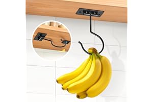 Fitnice Self Adhesive Banana Hook Under Cabinet Foldable Banana Hanger Black Metal Under Counter Banana Hook to Keep Bananas Fresh Banana Holder for Kitchen RV Space Saving